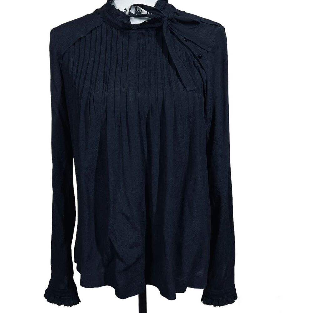 Suncoo Paris black top with neck bow pleated blouse size S goth academia baddie